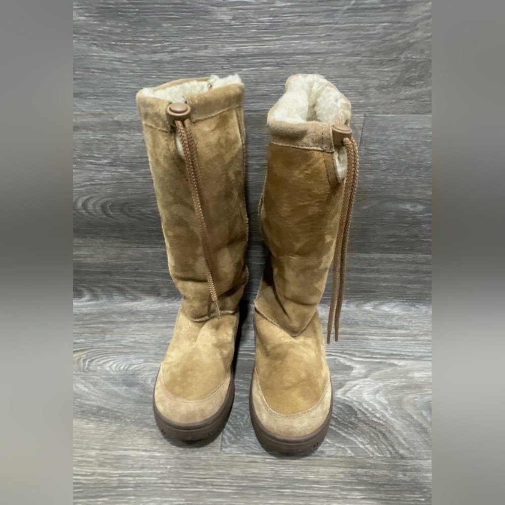 UGG vintage brown tan leather tall Drawstring boots sheepskin Platform Sherpa 9 - Picture 9 of 12